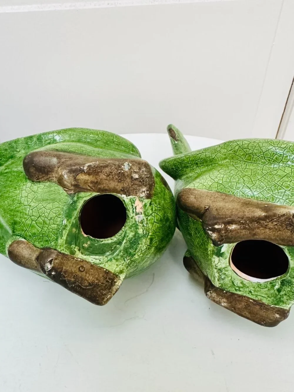 Pier 1 Green Crackle Glaze Bird Figurines Set Cottagecore Farmhouse Decor